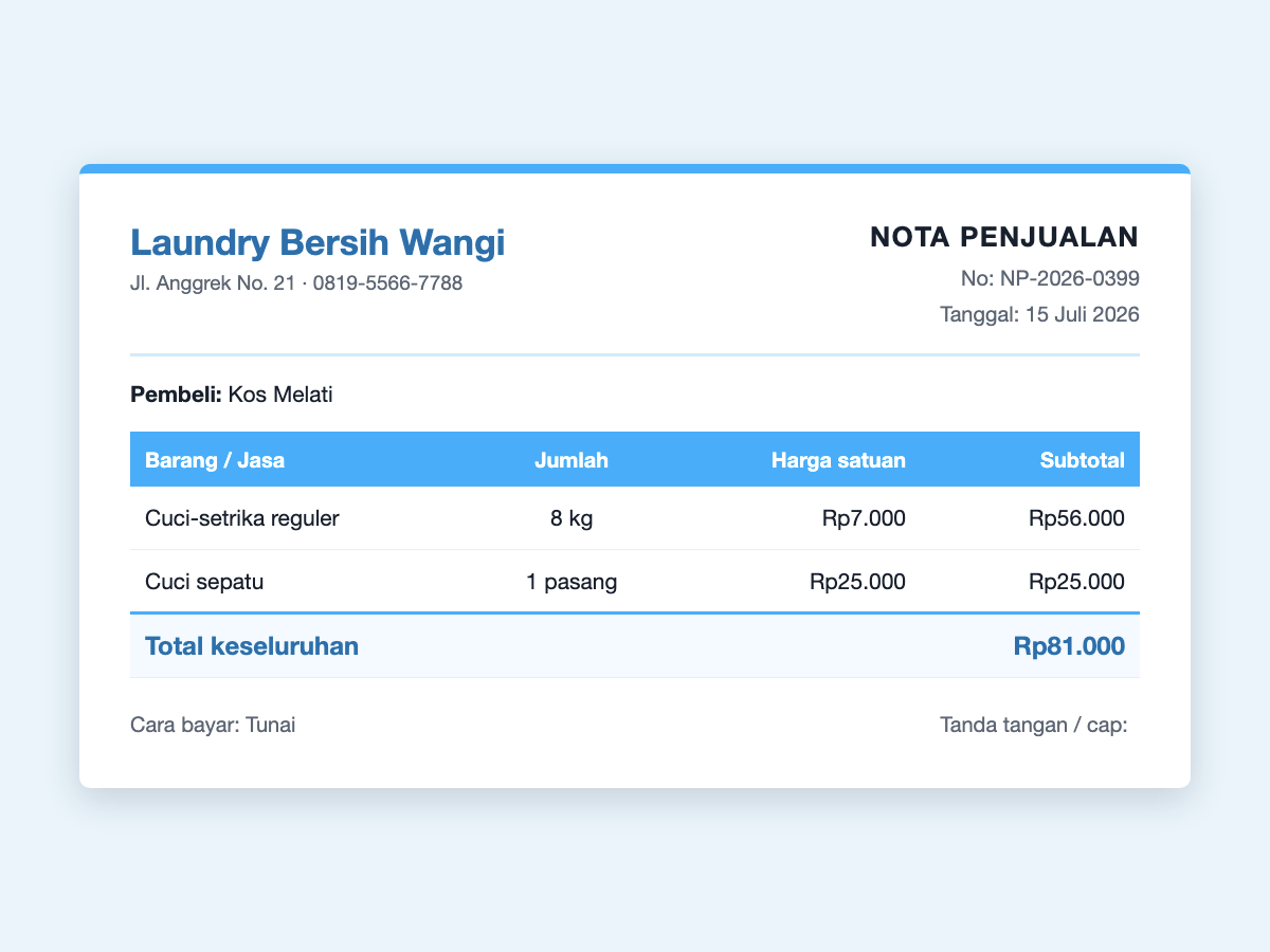 Contoh nota penjualan jasa laundry &mdash; nota layanan cuci-setrika senilai Rp81.000