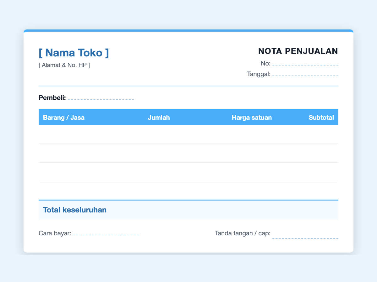 Nota penjualan kosong siap cetak &mdash; template nota dengan kolom barang, jumlah, harga satuan, subtotal dan total keseluruhan