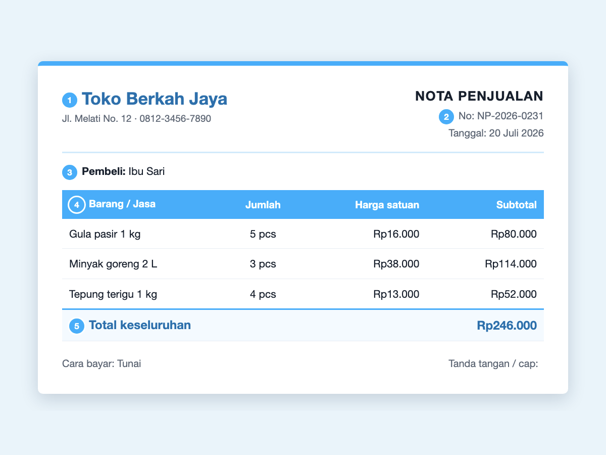 Contoh nota penjualan terisi dengan nomor urut field &mdash; nomor nota, tanggal, pembeli, rincian barang dan total keseluruhan ditandai satu per satu