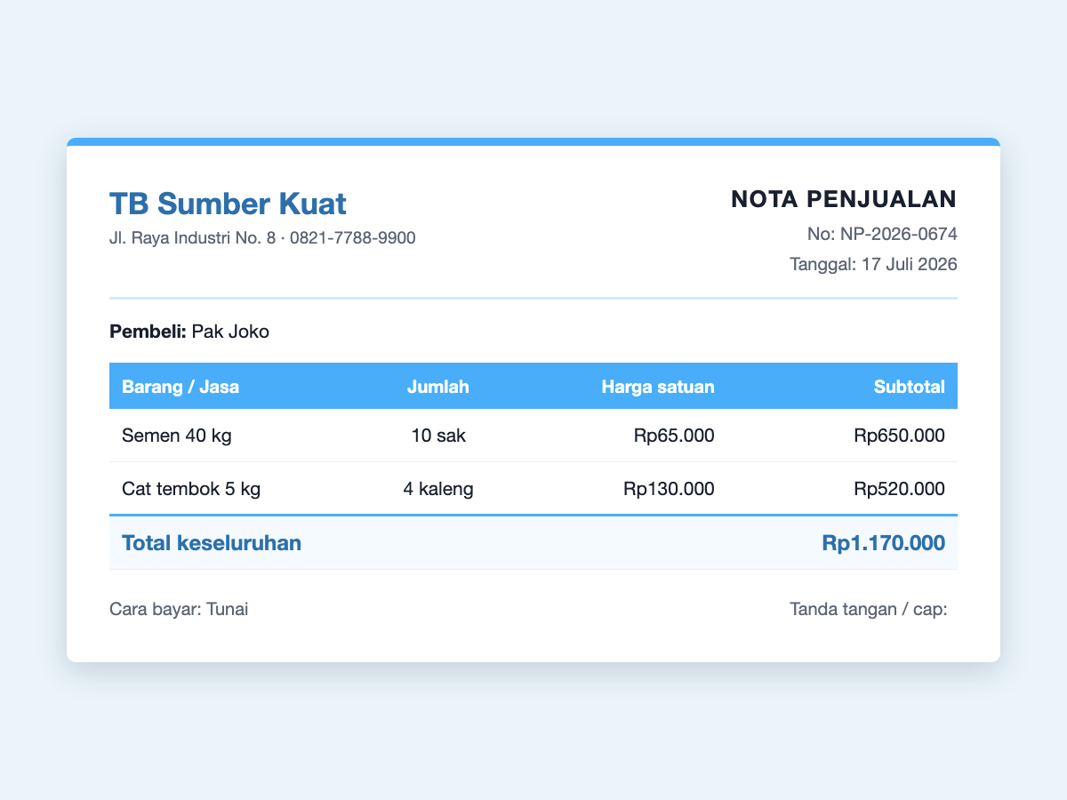 Contoh nota penjualan toko bangunan &mdash; penjualan semen dan cat senilai Rp1.170.000