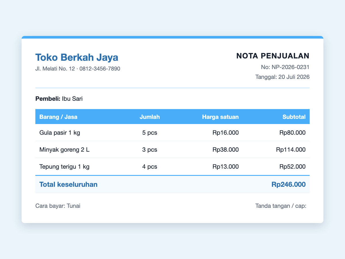 Contoh nota penjualan toko sembako &mdash; nota NP-2026-0231 dari Toko Berkah Jaya untuk Ibu Sari, total Rp246.000