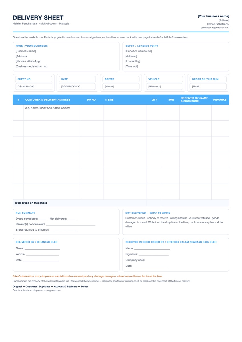 Multi-drop delivery sheet template for Malaysia, showing six numbered drop lines each with customer address, DO number, quantity, time and a received-by signature column, and a run summary for drops completed and not delivered
