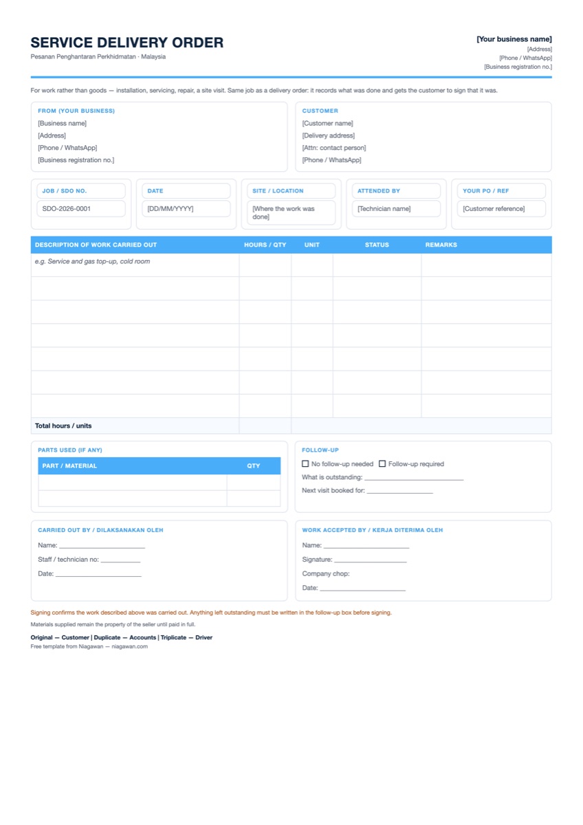 Service delivery order template for Malaysia with a work carried out table, hours column, completed or partial status, a parts used table and a follow-up section with next visit date