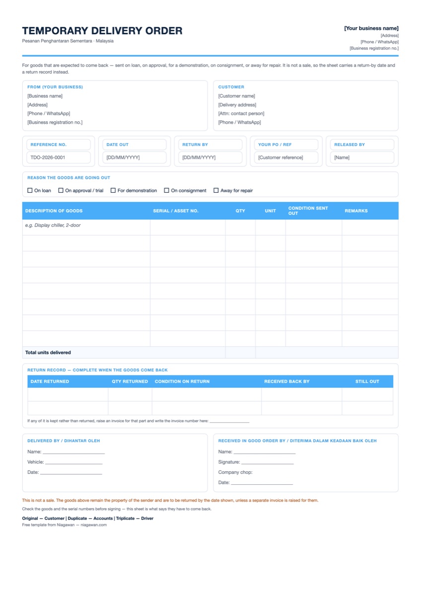 Temporary delivery order template for Malaysia with tick boxes for on loan, on approval, for demonstration, on consignment and away for repair, a return-by date, serial number column and a return record table