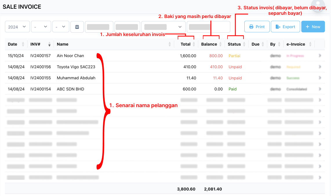 Invois jualan dari Niagawan Plus menunjukkan baki dan status pembayaran