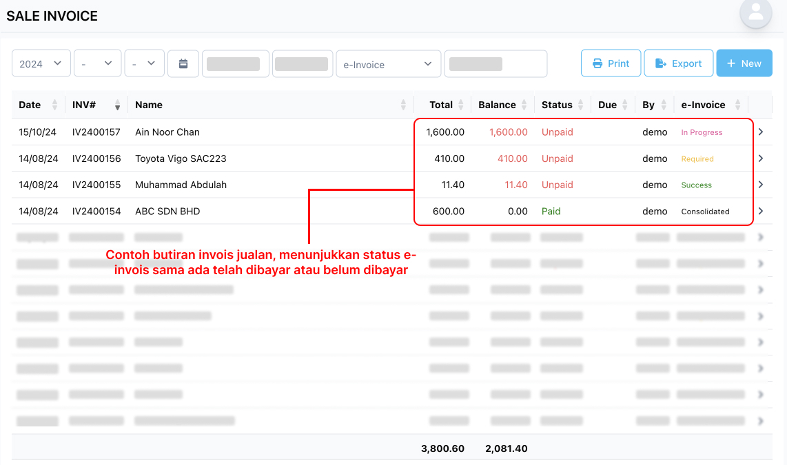 Butiran invois jualan menunjukkan status e-invois