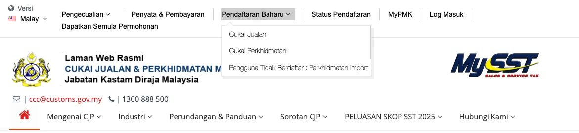 Portal rasmi MySST — menu Pendaftaran Baharu untuk daftar SST (Cukai Jualan atau Cukai Perkhidmatan)